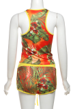 Yellow Sexy Print U Neck Sleeveless Two Pieces