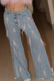Light Blue Casual Solid Color Fringed Trim Slit Mid Waist Loose Denim Jeans