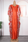 Red Daily Print Slit V Neck Long Dresses