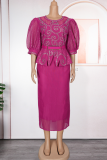 Colorful Blue Elegant Solid Color With Belt Hot Drill O Neck Wrapped Skirt Plus Size Dresses