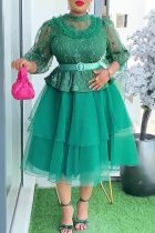 Green Elegant Solid Color With Belt Mesh O Neck Ball Gown Plus Size Dresses