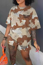 Grey Casual Letters O Neck Short Sleeve Two Pieces