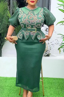 Green Elegant Solid Color With Belt Hot Drill O Neck Wrapped Skirt Plus Size Dresses