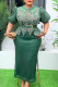 Green Elegant Solid Color With Belt Hot Drill O Neck Wrapped Skirt Plus Size Dresses