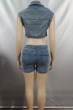 Blue Casual Solid Color Pocket Buckle Turndown Collar Two Pieces