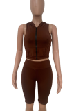 Khaki Casual Solid Color Zipper Hooded Sleeveless Two Pieces