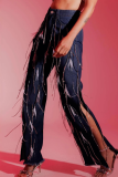 Light Blue Casual Solid Color Fringed Trim Slit Mid Waist Loose Denim Jeans