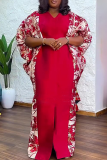 Red Daily Print Slit V Neck Long Dresses