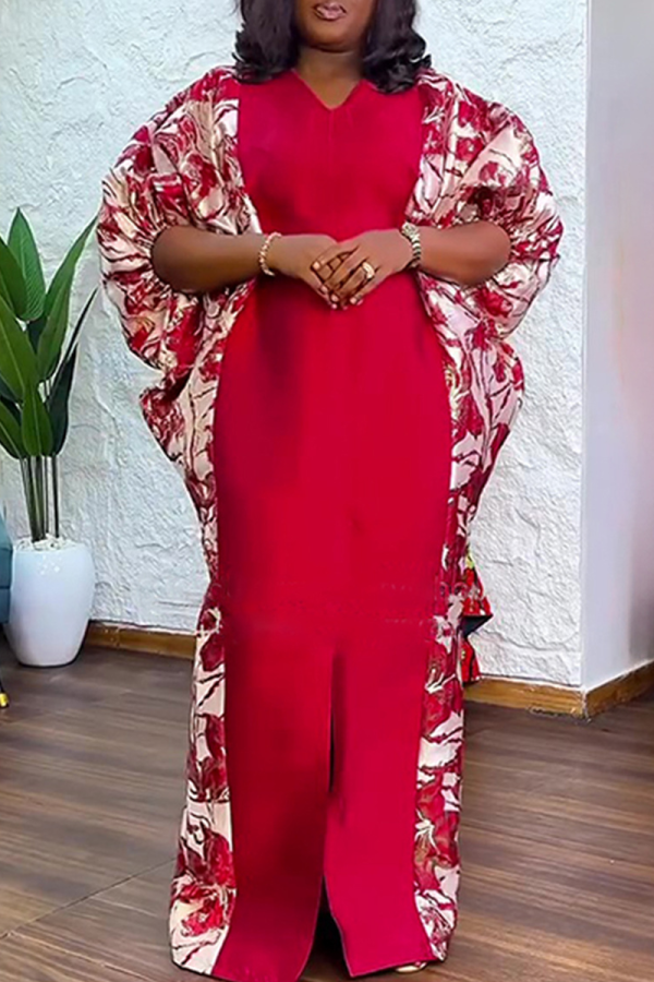 Red Daily Print Slit V Neck Long Dresses