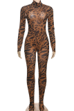 Brown Sexy Leopard Print Patchwork Turtleneck Skinny Jumpsuits