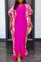 Rose Red Daily Print Slit V Neck Long Dresses