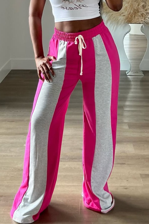 Pink Casual Contrast Loose Mid Waist Conventional Patchwork Bottoms