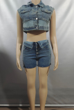 Blue Casual Solid Color Pocket Buckle Turndown Collar Two Pieces