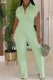 Light Green Casual Solid Color Buckle Turndown Collar Regular Jumpsuits