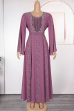 Green Elegant Solid Color Hot Drill O Neck Long Plus Size Dresses