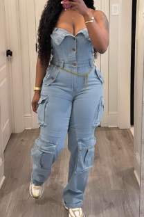 Blue Casual Solid Color Pocket Buckle Strapless Sleeveless Regular Denim Jumpsuits