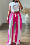 Pink Casual Contrast Loose Mid Waist Conventional Patchwork Bottoms