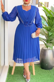 Blue Elegant Solid Color Pleated Flower Shape Asymmetrical Collar A Line Plus Size Dresses