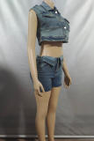 Blue Casual Solid Color Pocket Buckle Turndown Collar Two Pieces
