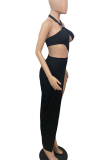 Rose Red Sexy Solid Color Hollow Out High Slit Halter Sleeveless Two Pieces