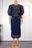 Colorful Blue Elegant Solid Color With Belt Hot Drill O Neck Wrapped Skirt Plus Size Dresses