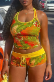 Yellow Sexy Print U Neck Sleeveless Two Pieces