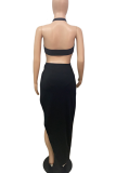 Rose Red Sexy Solid Color Hollow Out High Slit Halter Sleeveless Two Pieces