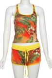 Yellow Sexy Print U Neck Sleeveless Two Pieces