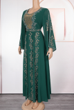 Green Elegant Solid Color Hot Drill O Neck Long Plus Size Dresses