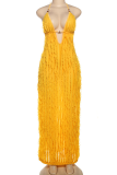 Yellow Sexy Solid Color Backless Ruched Halter Long Dresses