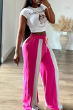 Pink Casual Contrast Loose Mid Waist Conventional Patchwork Bottoms