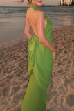 Orange Elegant Solid Color Backless Halter Long Dresses