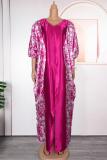 Red Daily Print Slit V Neck Long Dresses