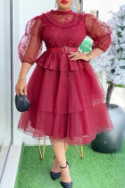 Red Elegant Solid Color With Belt Mesh O Neck Ball Gown Plus Size Dresses