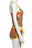 Yellow Sexy Print U Neck Sleeveless Two Pieces