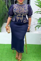 Deep Blue Elegant Solid Color With Belt Hot Drill O Neck Wrapped Skirt Plus Size Dresses