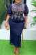 Deep Blue Elegant Solid Color With Belt Hot Drill O Neck Wrapped Skirt Plus Size Dresses