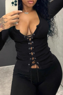 Black Casual Solid Color Cross Straps Deep V Neck Tops