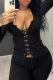 Black Casual Solid Color Cross Straps Deep V Neck Tops