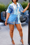 Brown Casual Print Buckle Turndown Collar Short Sleeve Two Pieces