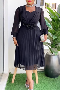 Black Elegant Solid Color Pleated Flower Shape Asymmetrical Collar A Line Plus Size Dresses