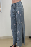 Light Blue Casual Solid Color Fringed Trim Slit Mid Waist Loose Denim Jeans