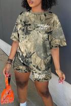 Camouflage Yellow Casual Letters O Neck Short Sleeve Two Pieces