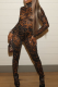 Brown Sexy Leopard Print Patchwork Turtleneck Skinny Jumpsuits