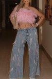 Light Blue Casual Solid Color Fringed Trim Slit Mid Waist Loose Denim Jeans