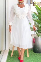 White Elegant Solid Color Pleated Flower Shape Asymmetrical Collar A Line Plus Size Dresses