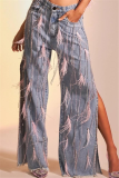 Light Blue Casual Solid Color Fringed Trim Slit Mid Waist Loose Denim Jeans