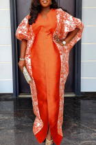 Orange Daily Print Slit V Neck Long Dresses