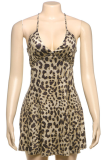 Yellow Sexy Leopard Print Spaghetti Strap Mini Dresses