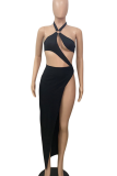 Rose Red Sexy Solid Color Hollow Out High Slit Halter Sleeveless Two Pieces